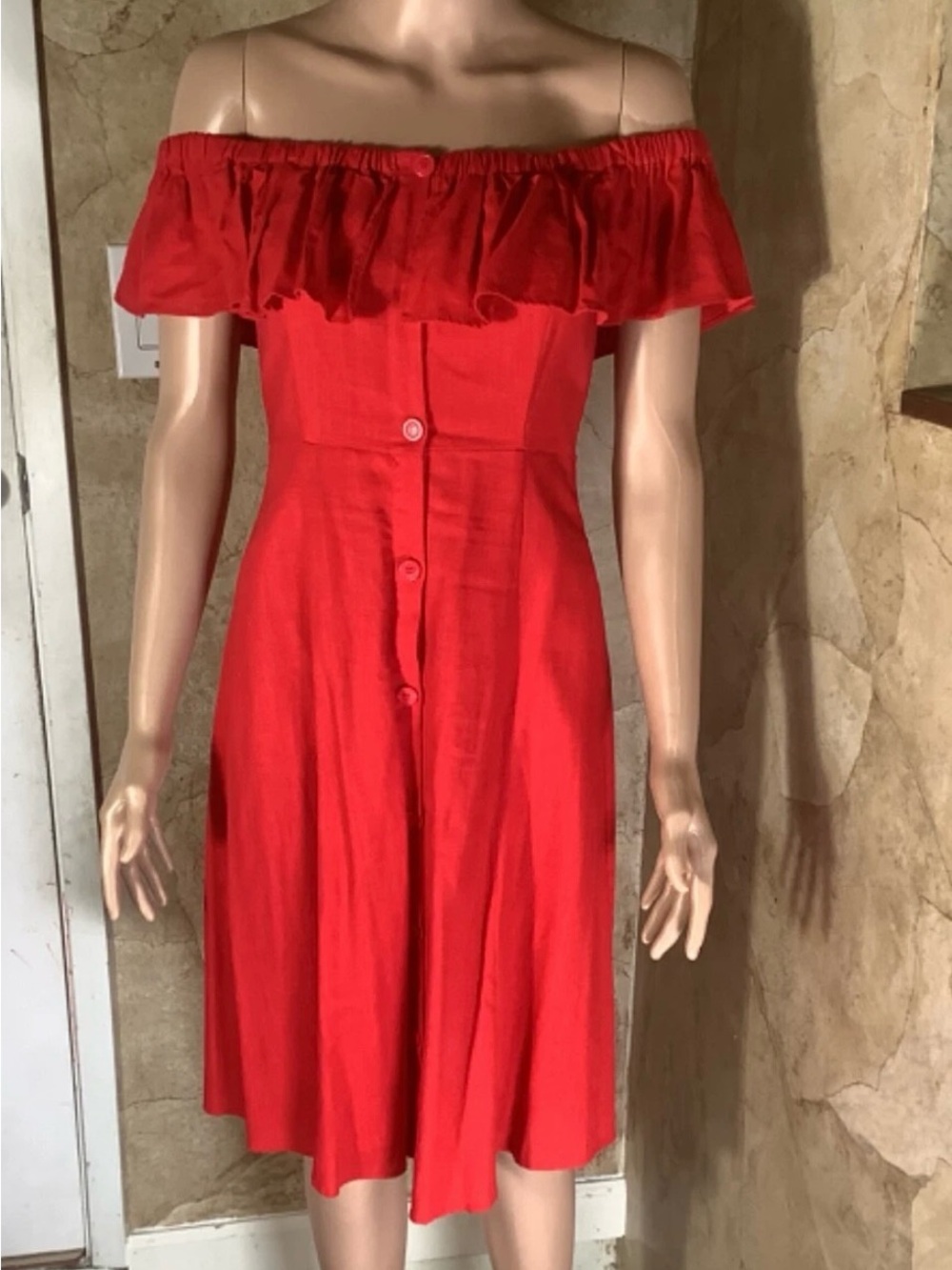 Forever 21 Red Off Sholder Red Linen Blend Dress Womens  - Size S